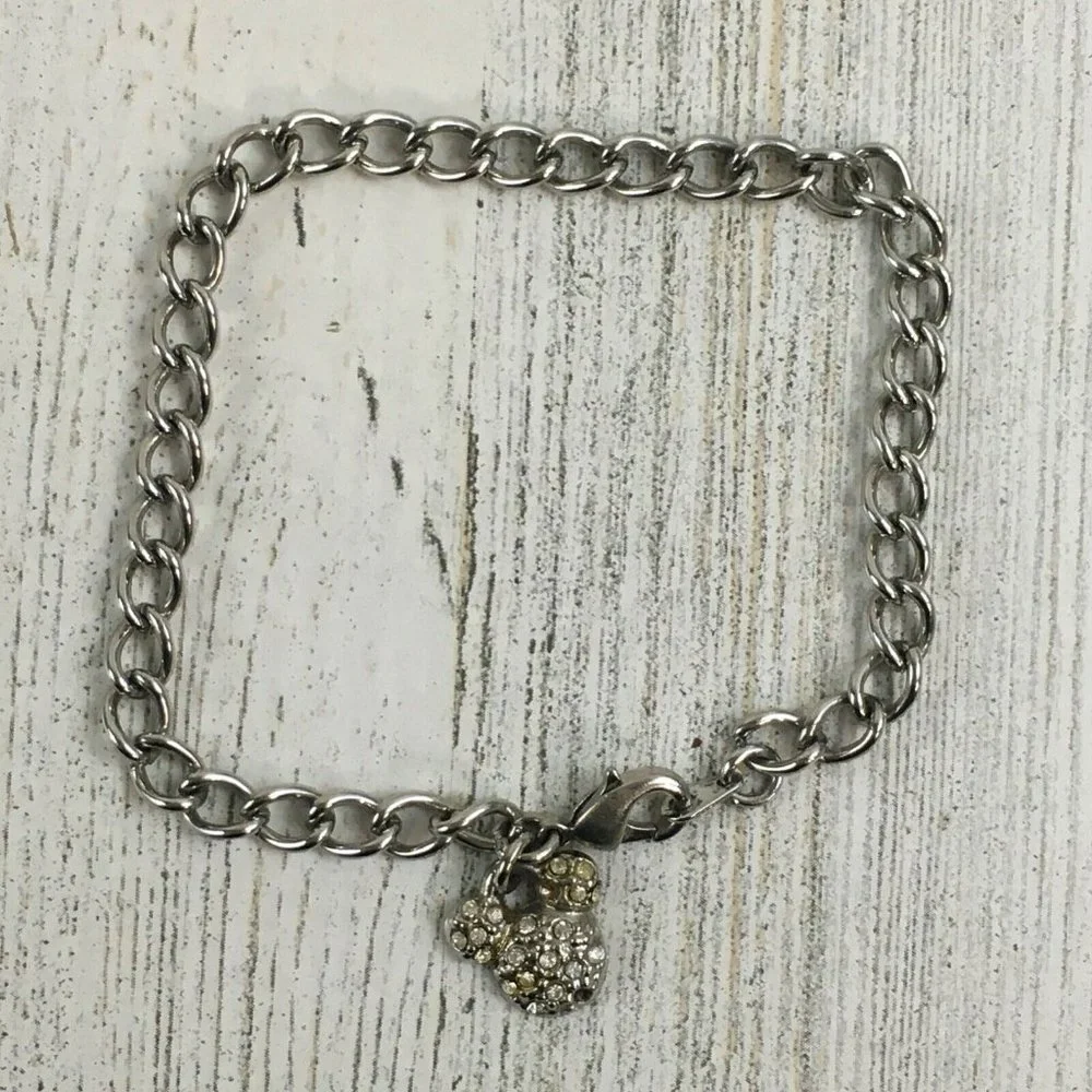 Walt Disney World Parks Silver Tone Charm Bracelet Mickey Head Crystal